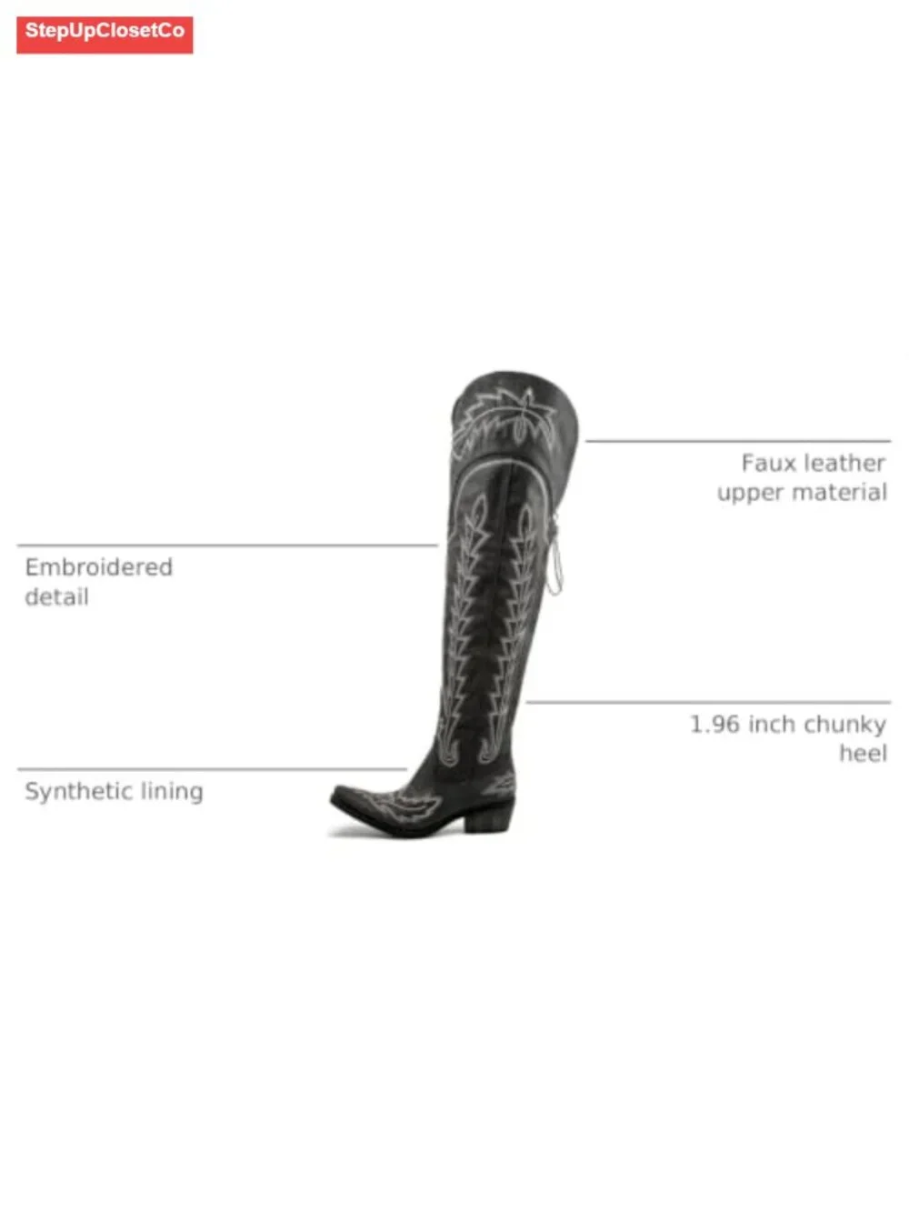 Thigh High Cowboy Boots Wide Calf Western Over The Knee Faux Leather Chunky Heel